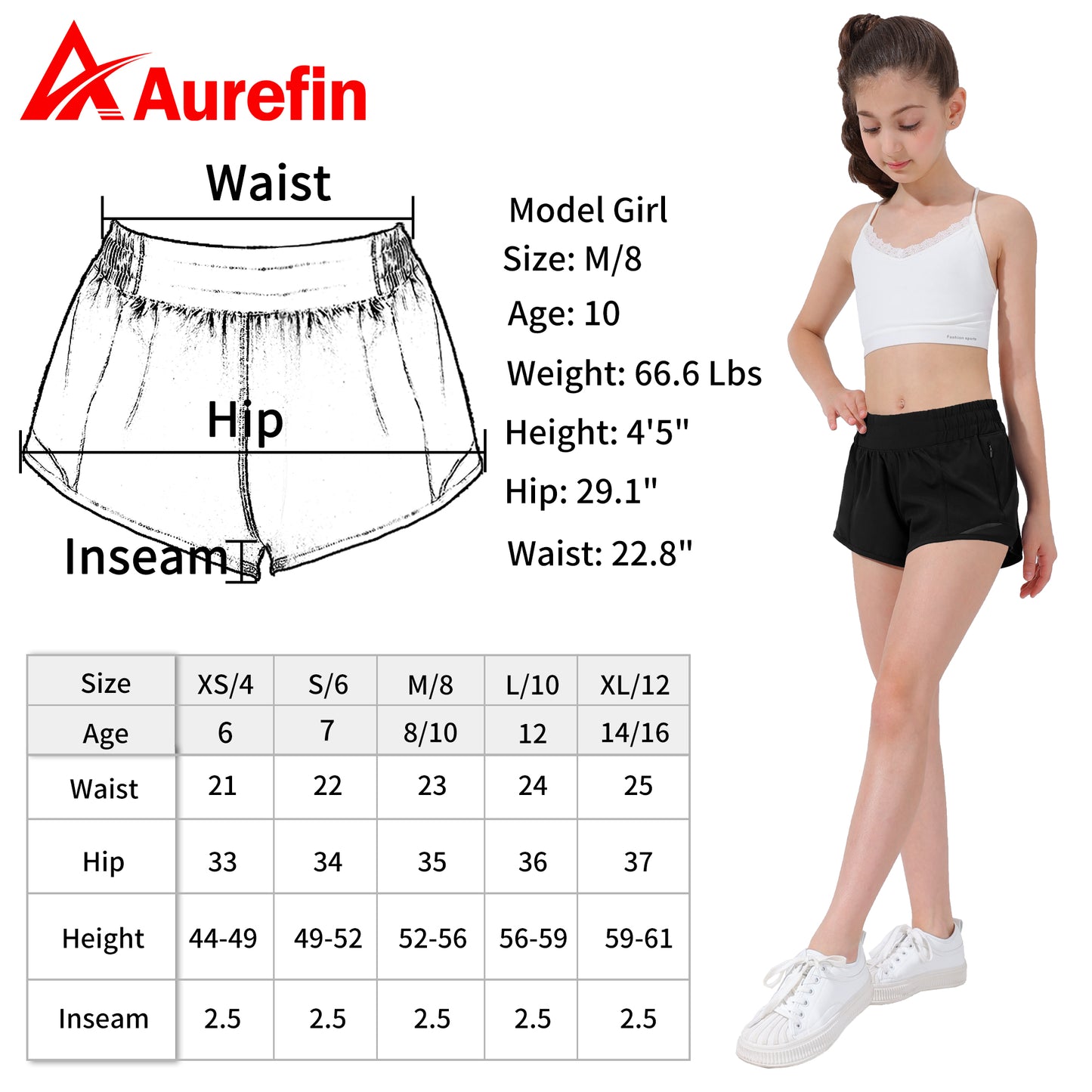 Aurefin Girls Athletic Shorts, Lightweight Running Shorts for Teen Girls Kids Sports Active Short with Zip Pocket and Elastic