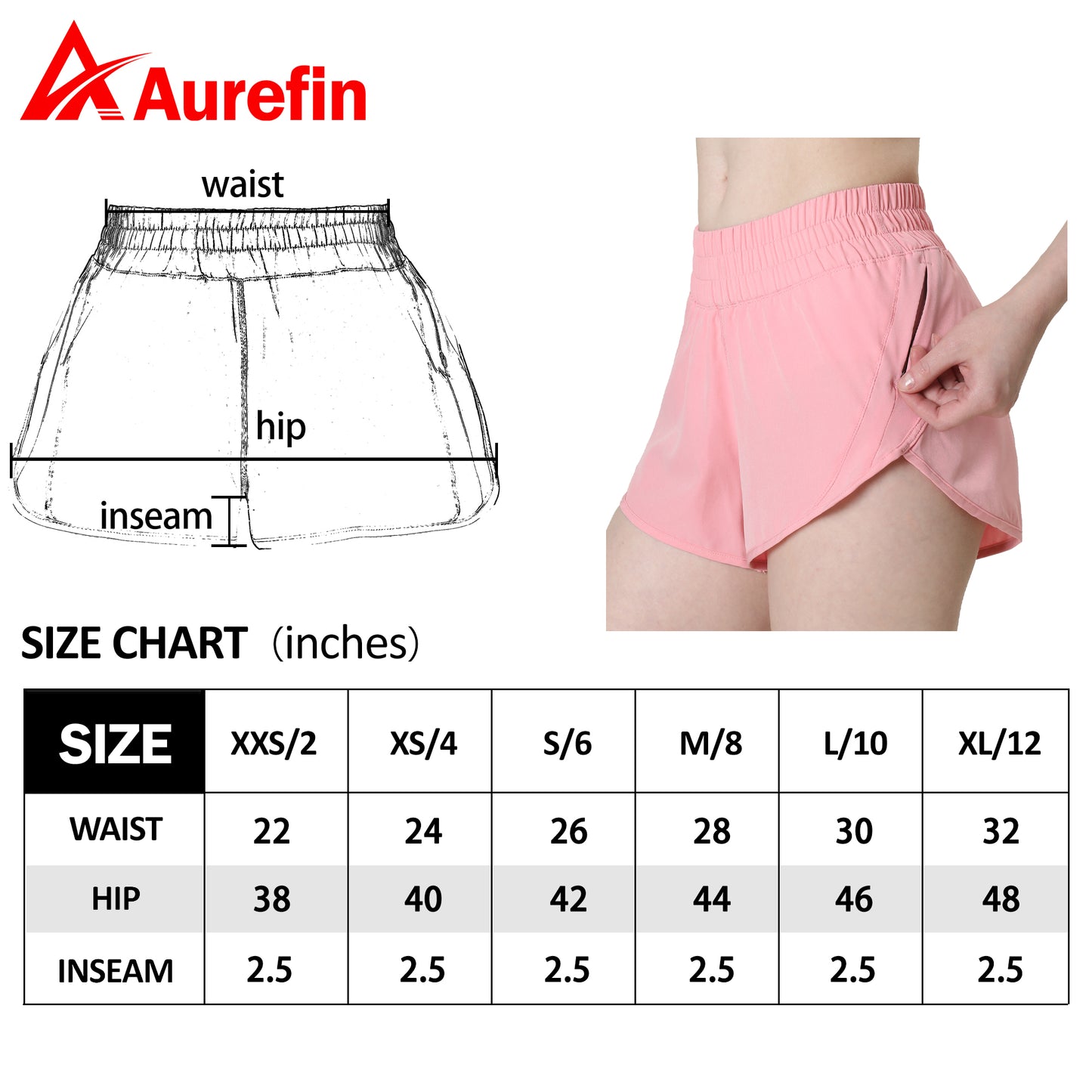 Aurefin Athletic Shorts for Women,Women's Quick Dry Workout Sports Active Running Track Shorts with Elastic and Zip Pockets