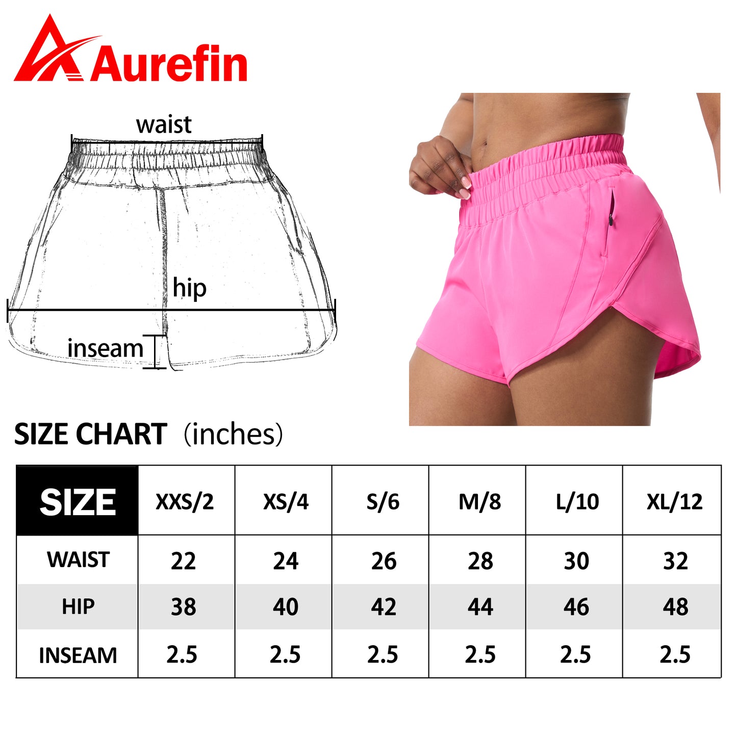 Aurefin Athletic Shorts for Women,Women's Quick Dry Workout Sports Active Running Track Shorts with Elastic and Zip Pockets