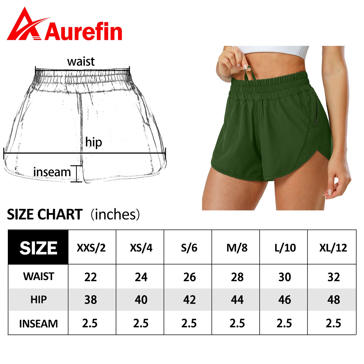 Aurefin Athletic Shorts for Women,Women's Quick Dry Workout Sports Active Running Track Shorts with Elastic and Zip Pockets