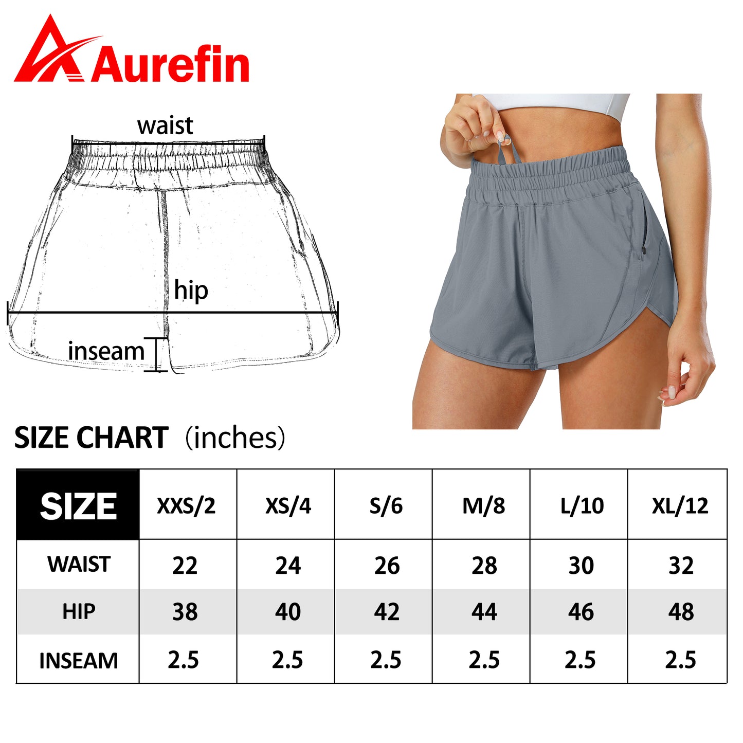 Aurefin Athletic Shorts for Women,Women's Quick Dry Workout Sports Active Running Track Shorts with Elastic and Zip Pockets