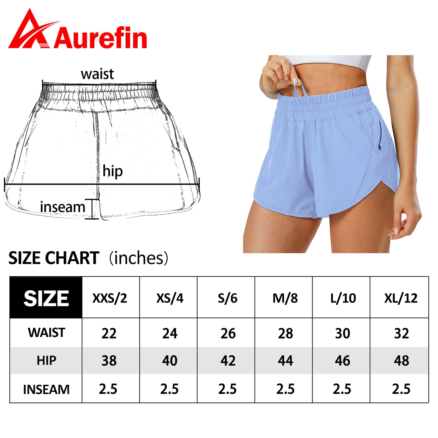 Aurefin Athletic Shorts for Women,Women's Quick Dry Workout Sports Active Running Track Shorts with Elastic and Zip Pockets