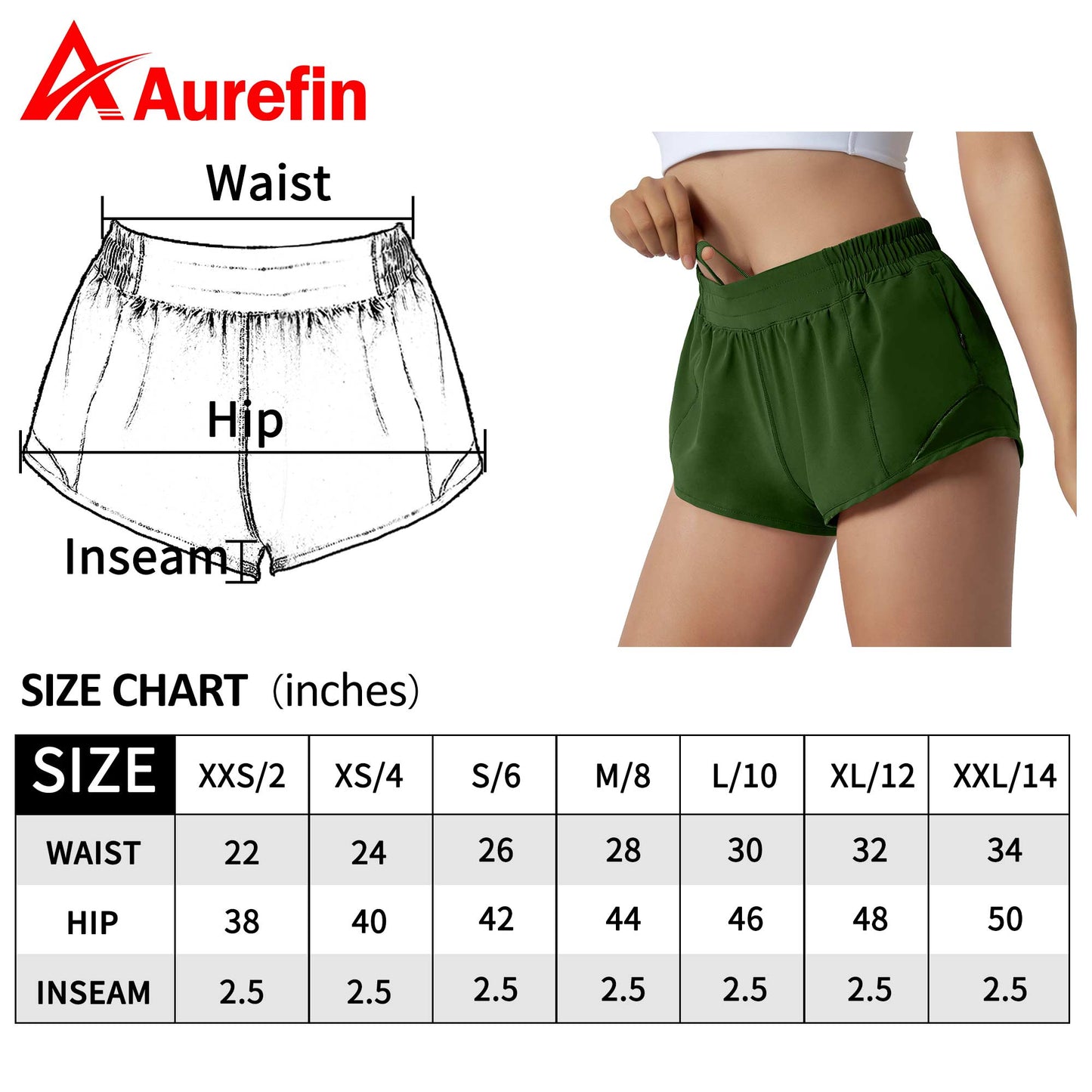 Aurefin Running Shorts for Women,Quick Dry Athletic Sports Shorts Lightweight Active Workout Gym Shorts with Zip Pocket