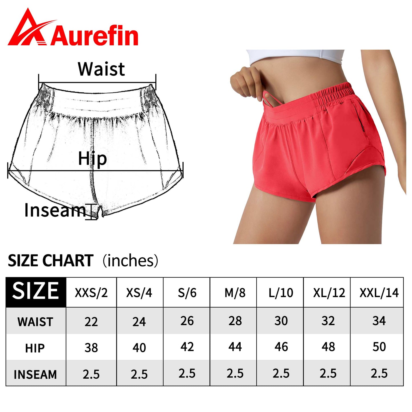 Aurefin Running Shorts for Women,Quick Dry Athletic Sports Shorts Lightweight Active Workout Gym Shorts with Zip Pocket