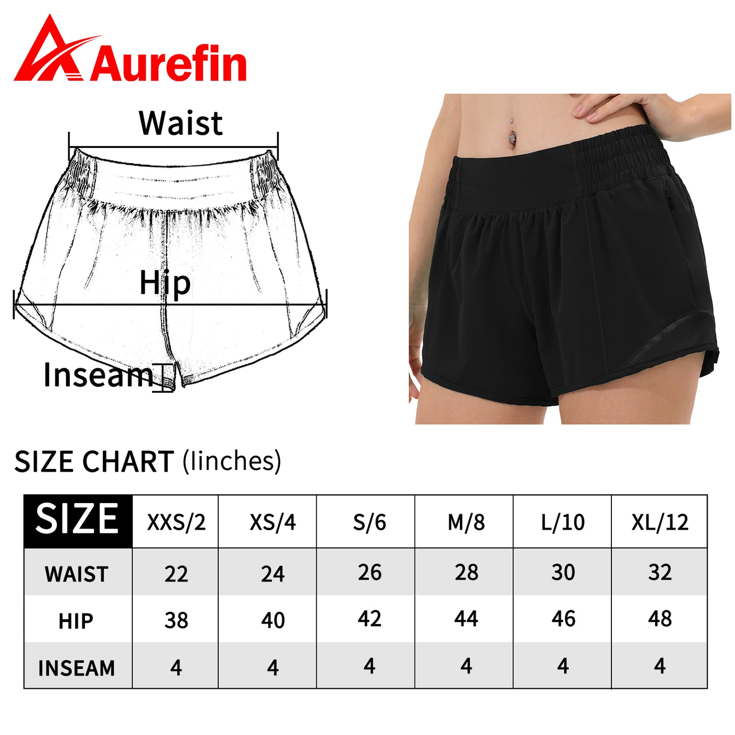 Aurefin High Waisted Athletic Shorts for Women, Womens Running Workout Shorts with Liner and Zip Pocket 4 inch