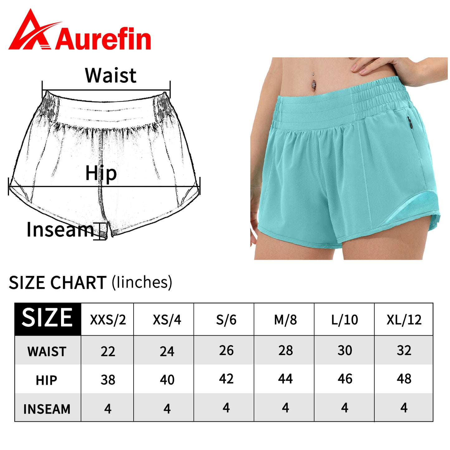 Aurefin High Waisted Athletic Shorts for Women, Womens Running Workout Shorts with Liner and Zip Pocket 4 inch