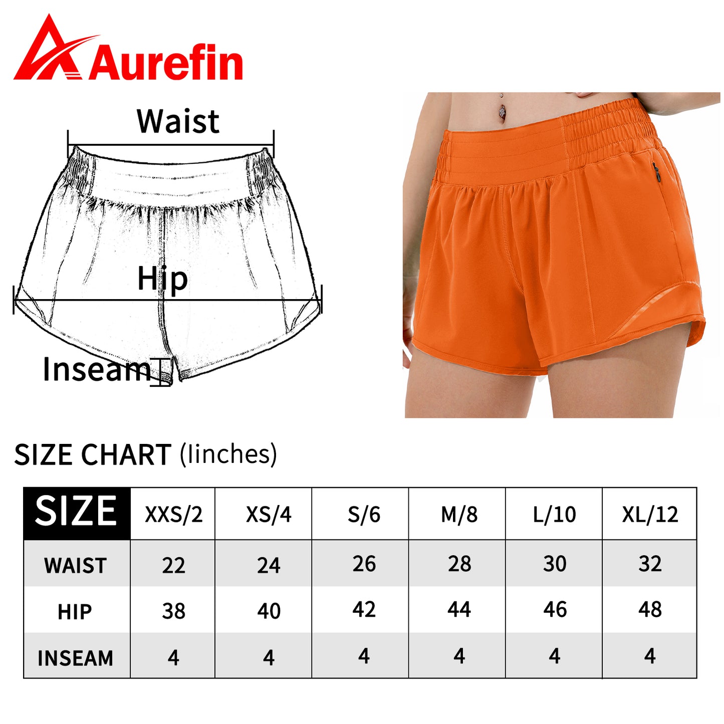 Aurefin High Waisted Athletic Shorts for Women, Womens Running Workout Shorts with Liner and Zip Pocket 4 inch