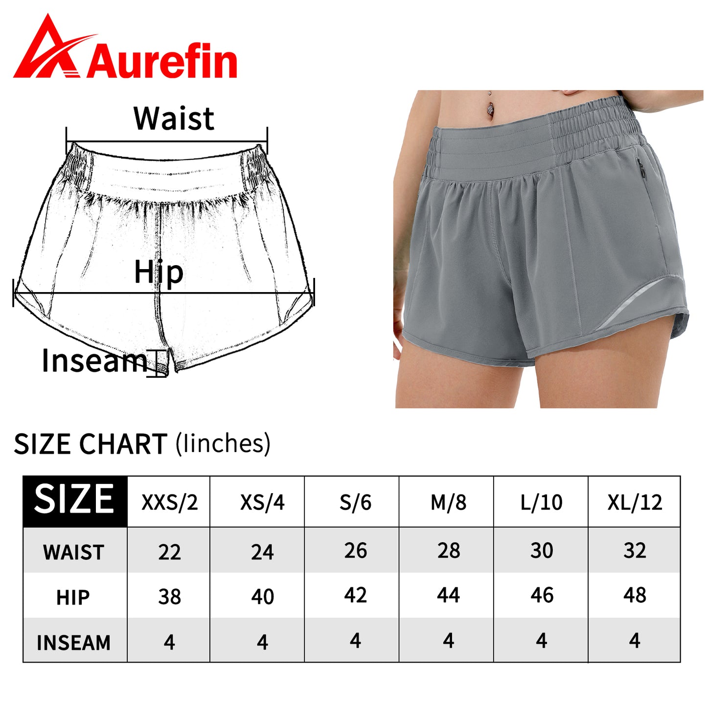 Aurefin High Waisted Athletic Shorts for Women, Womens Running Workout Shorts with Liner and Zip Pocket 4 inch