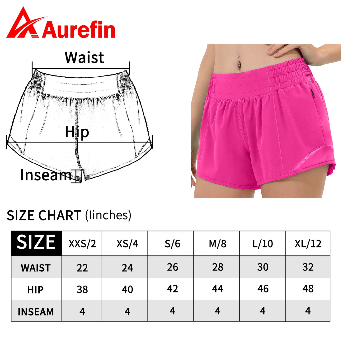 Aurefin High Waisted Athletic Shorts for Women, Womens Running Workout Shorts with Liner and Zip Pocket 4 inch