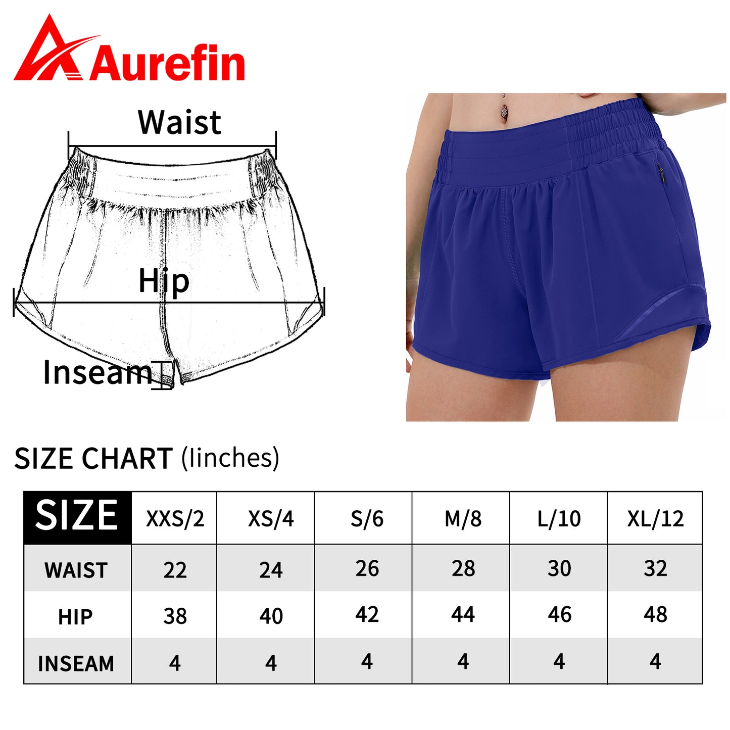 Aurefin High Waisted Athletic Shorts for Women, Womens Running Workout Shorts with Liner and Zip Pocket 4 inch