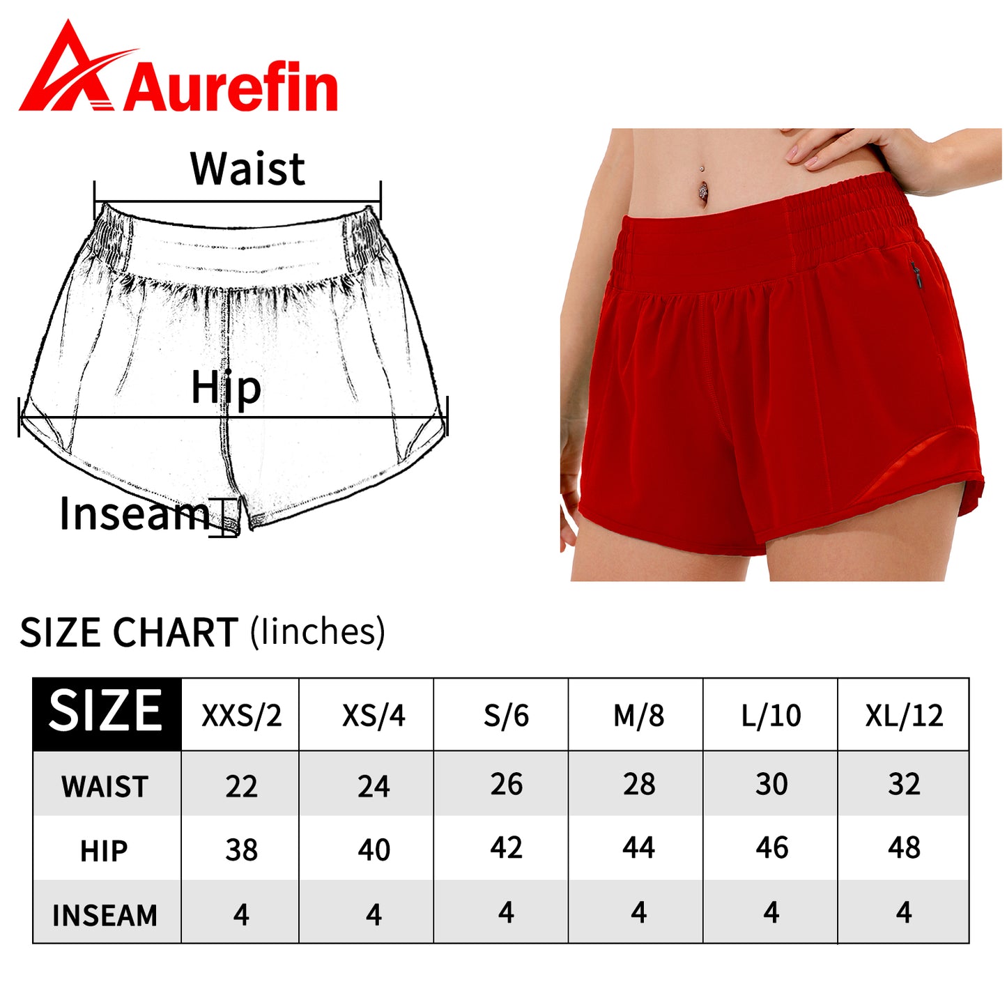 Aurefin High Waisted Athletic Shorts for Women, Womens Running Workout Shorts with Liner and Zip Pocket 4 inch