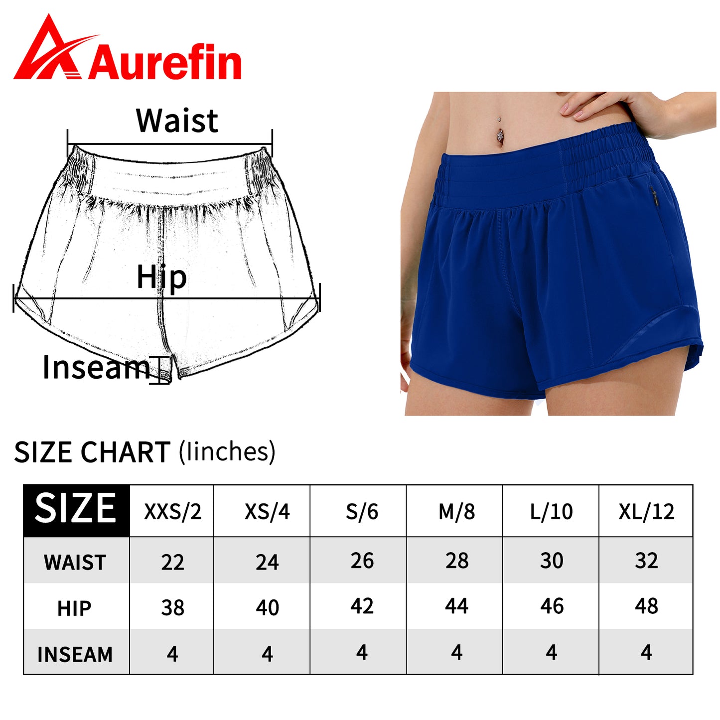 Aurefin High Waisted Athletic Shorts for Women, Womens Running Workout Shorts with Liner and Zip Pocket 4 inch