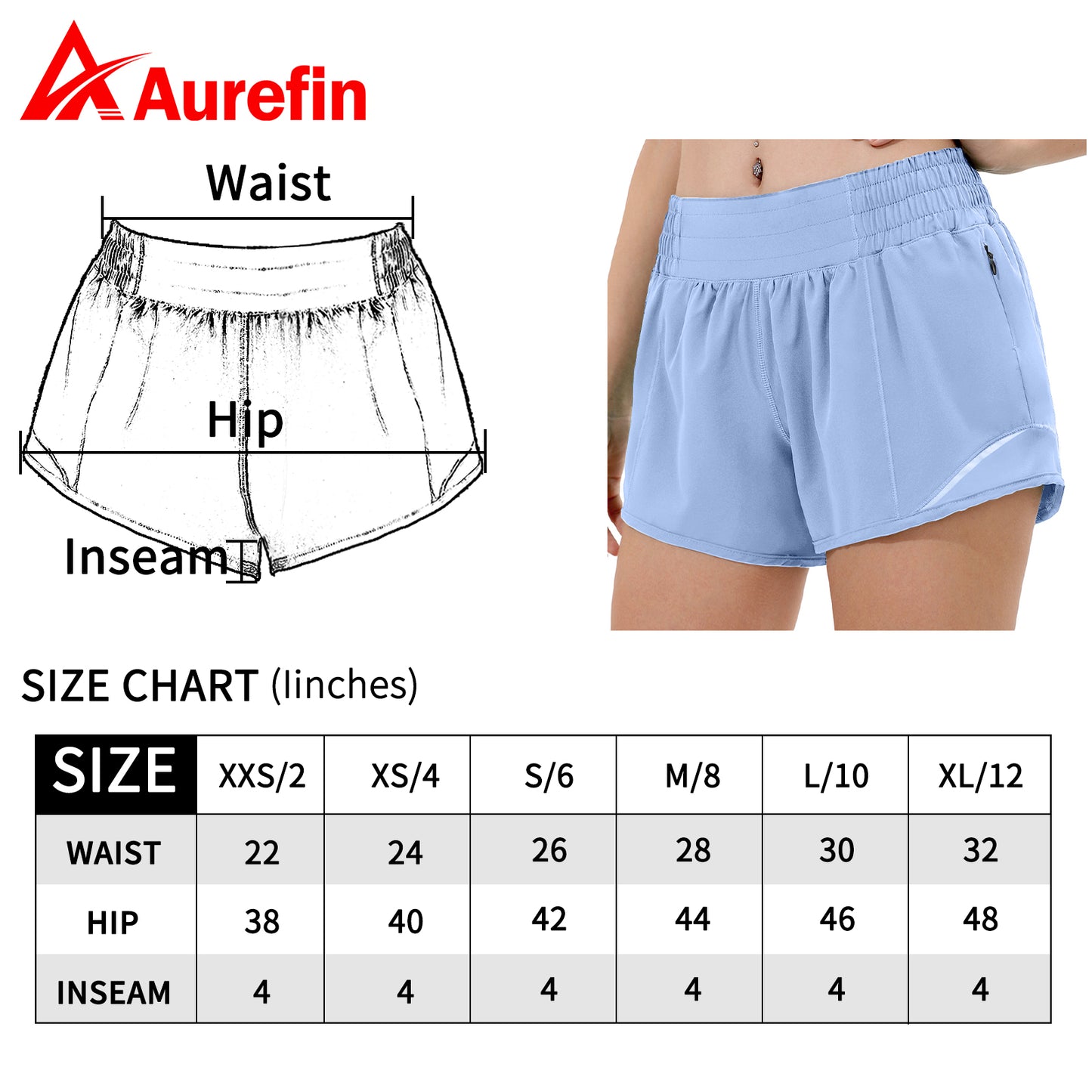 Aurefin High Waisted Athletic Shorts for Women, Womens Running Workout Shorts with Liner and Zip Pocket 4 inch