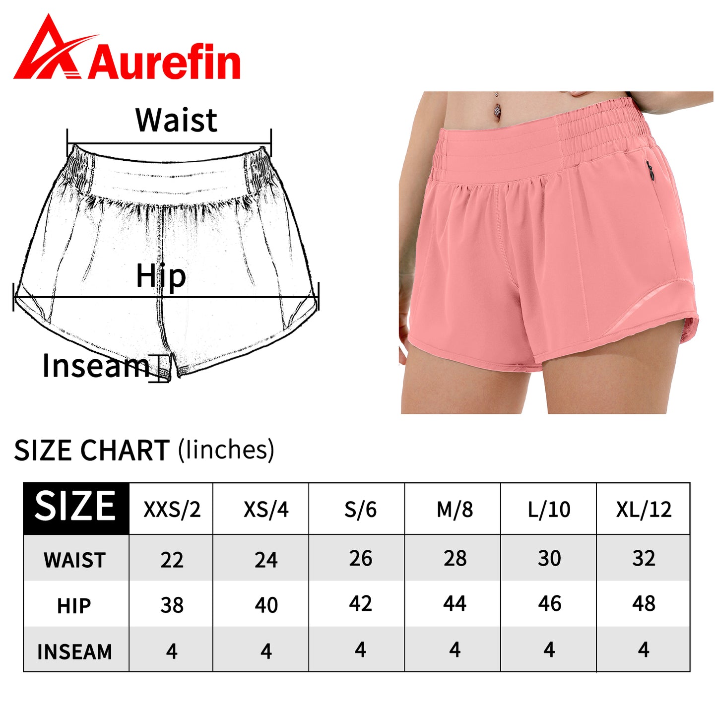 Aurefin High Waisted Athletic Shorts for Women, Womens Running Workout Shorts with Liner and Zip Pocket 4 inch