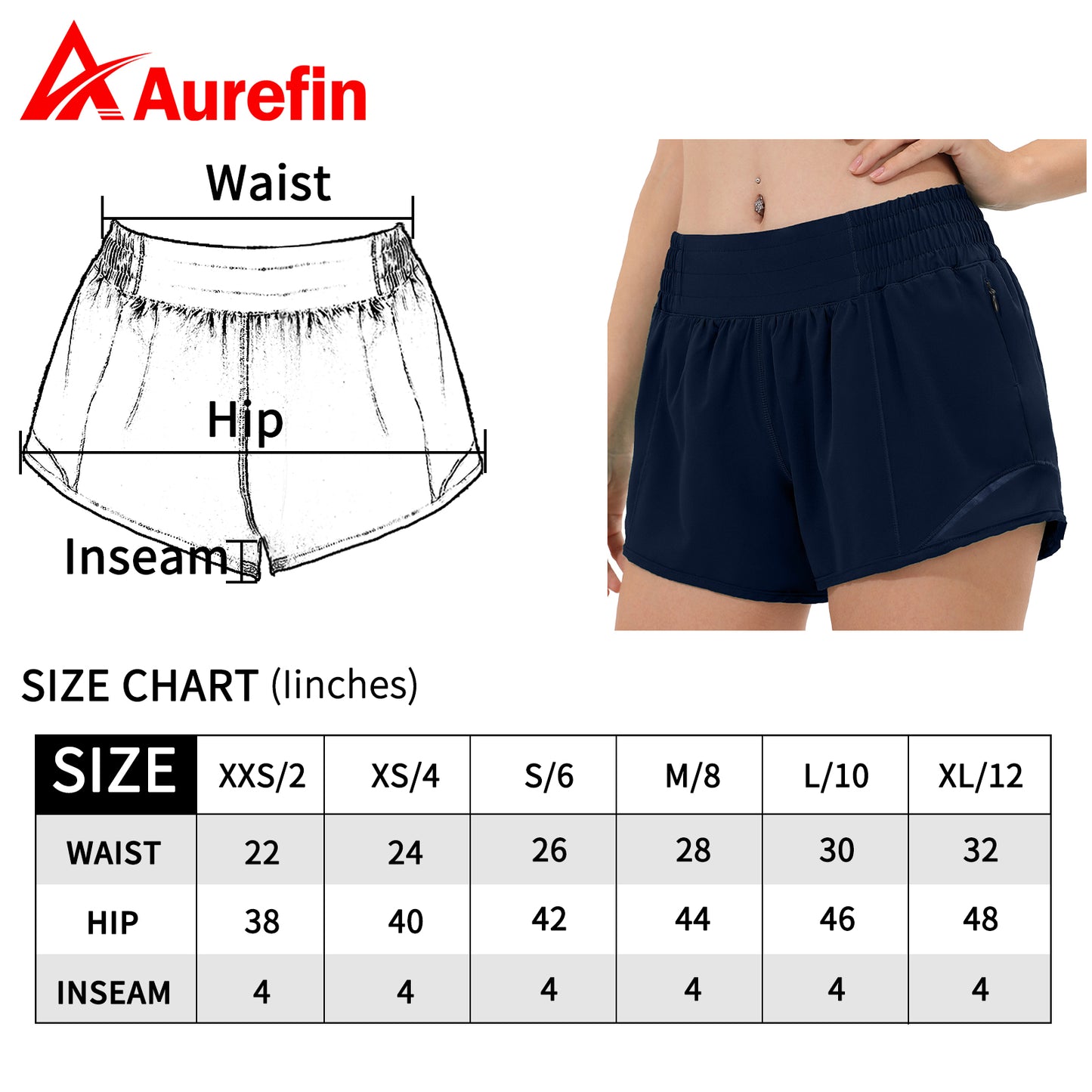 Aurefin High Waisted Athletic Shorts for Women, Womens Running Workout Shorts with Liner and Zip Pocket 4 inch