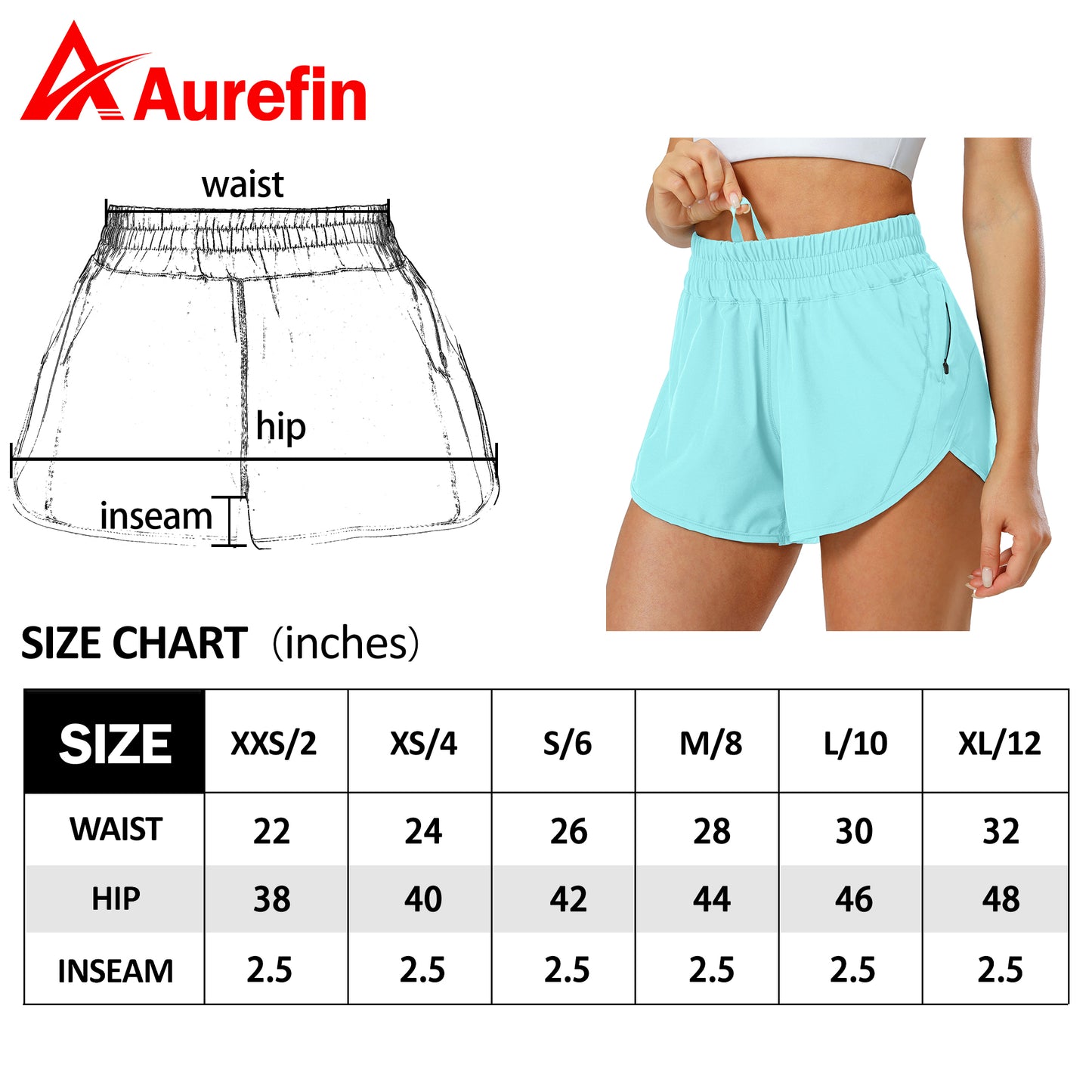 Aurefin Athletic Shorts for Women,Women's Quick Dry Workout Sports Active Running Track Shorts with Elastic and Zip Pockets