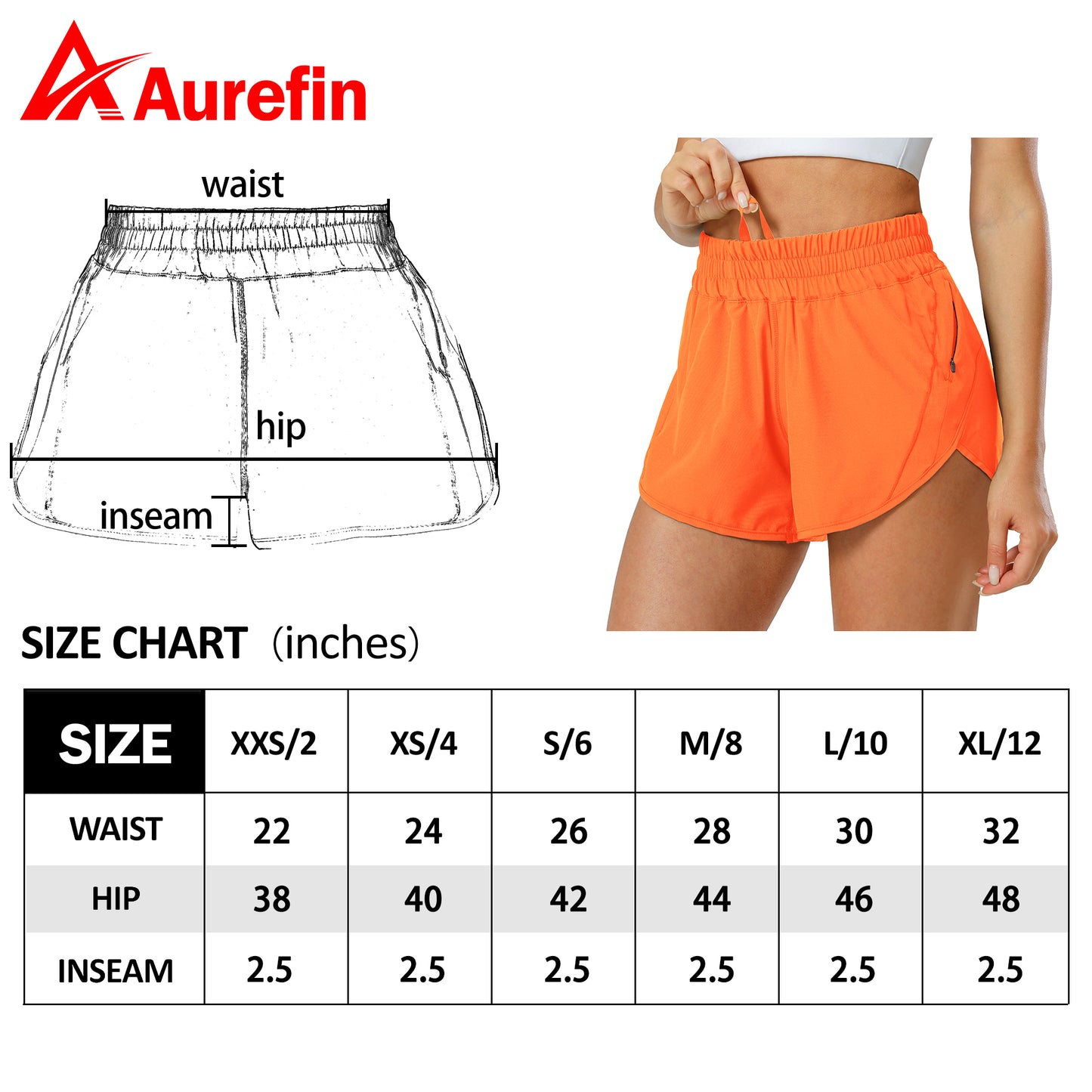 Aurefin Athletic Shorts for Women,Women's Quick Dry Workout Sports Active Running Track Shorts with Elastic and Zip Pockets