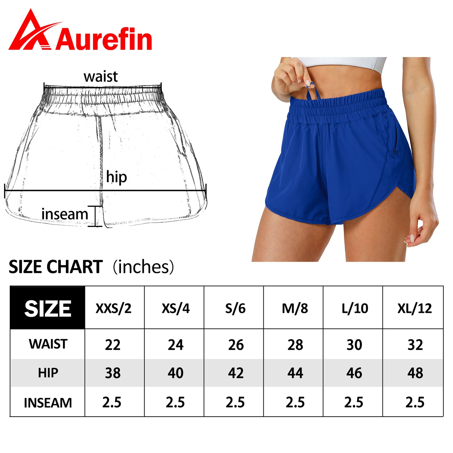 Aurefin Athletic Shorts for Women,Women's Quick Dry Workout Sports Active Running Track Shorts with Elastic and Zip Pockets