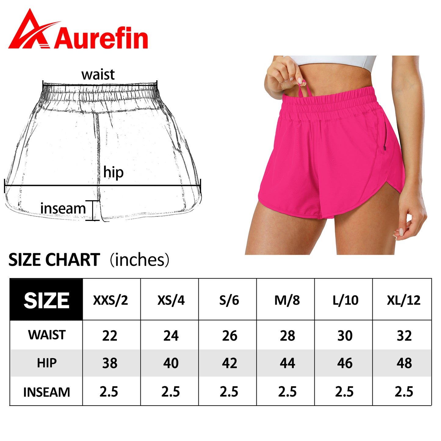 Aurefin Athletic Shorts for Women,Women's Quick Dry Workout Sports Active Running Track Shorts with Elastic and Zip Pockets