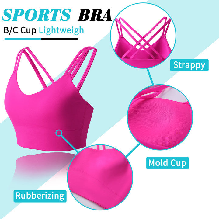 B/C Cups Low Impact Strappy Sports Bras for Women Longline Criss Cross Back Yoga Running Workout Bra Crop Tops